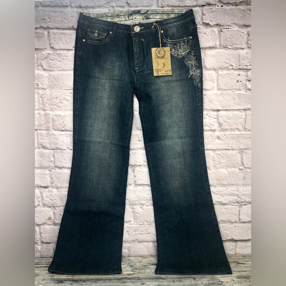C'EST TOI Premium Denim Bootcut Medium Wash Stressed Embellished Jeans Sz 15 NWT